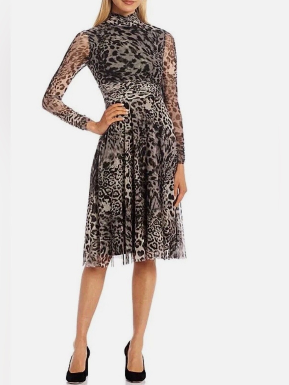 Eliza J Gray Leopard-Print Long Sleeve Mesh overlay Midi Dress